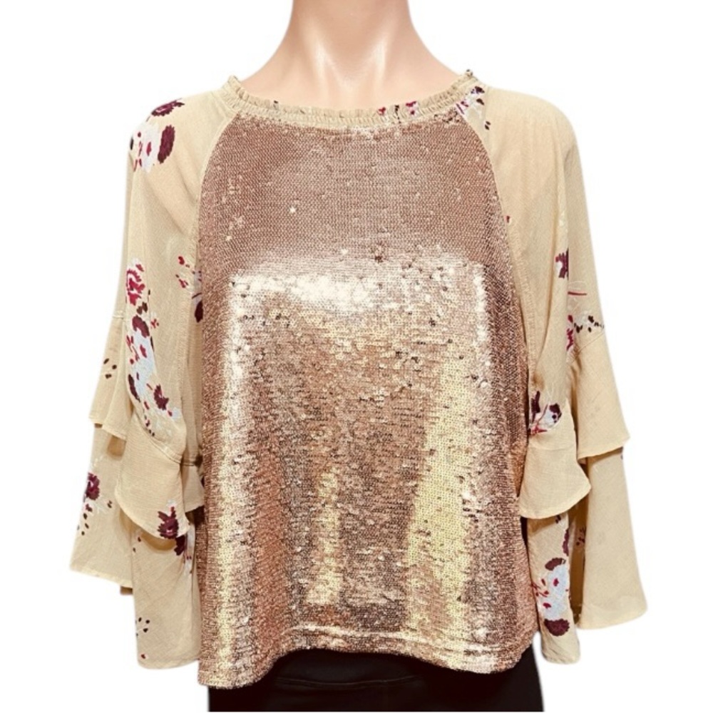 🎉LAST CHANCE🎉Free People Shimmy & Shake Sequins Embellished Beige Floral Top